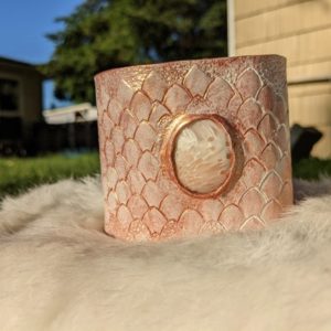 Shop Scolecite Bracelets! Gold, Rose Gold, or Bronze Metallic Dragon Scale Cuff with Moonstone, Pink Scolecite, or Green Sediment Jasper | Natural genuine Scolecite bracelets. Buy crystal jewelry, handmade handcrafted artisan jewelry for women.  Unique handmade gift ideas. #jewelry #beadedbracelets #beadedjewelry #gift #shopping #handmadejewelry #fashion #style #product #bracelets #affiliate #ad
