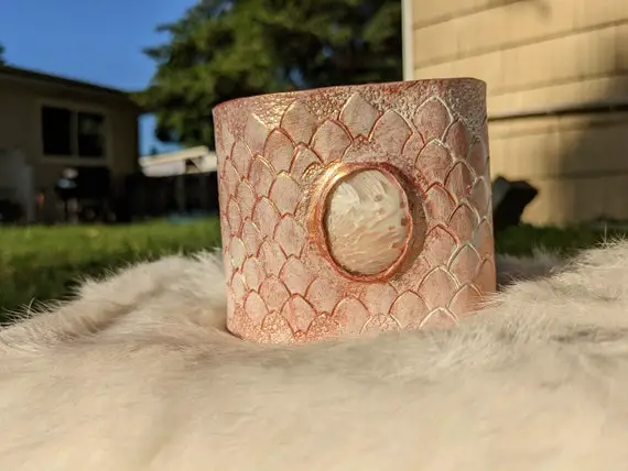 Gold, Rose Gold, Or Bronze Metallic Dragon Scale Cuff With Moonstone, Pink Scolecite, Or Green Sediment Jasper