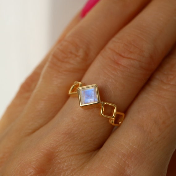 Gold Vermeil Rainbow Moonstone Ring, Sterling Silver Crystal Dainty Rings For Women, Stackable Minimalist Statement Gold Rings, Jewelry
