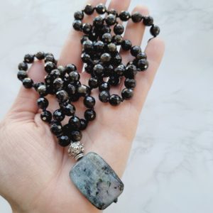 Shop Golden Obsidian Necklaces! Golden Obsidian, Kyanite Mala, Mantra, Meditation, Mindfulness, Gift for Mom, Yoga, Mothers Day Gift, Christmas Gifts for Her, Throat Chakra | Natural genuine Golden Obsidian necklaces. Buy crystal jewelry, handmade handcrafted artisan jewelry for women.  Unique handmade gift ideas. #jewelry #beadednecklaces #beadedjewelry #gift #shopping #handmadejewelry #fashion #style #product #necklaces #affiliate #ad