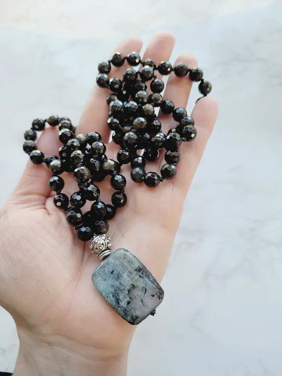Golden Obsidian, Kyanite Mala, Mantra, Meditation, Mindfulness, Gift For Mom, Yoga, Mothers Day Gift, Christmas Gifts For Her, Throat Chakra