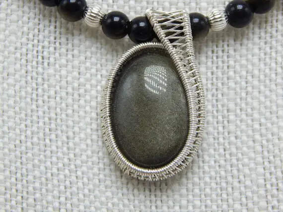 Golden Obsidian Necklace With Wire-wrapped Cabochon - Sterling Silver