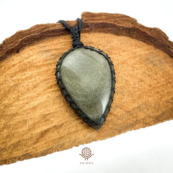 Gold Obsidian Crystal Necklace On Macrame Cord - Root Chakra Balancing And Grounding Pendant