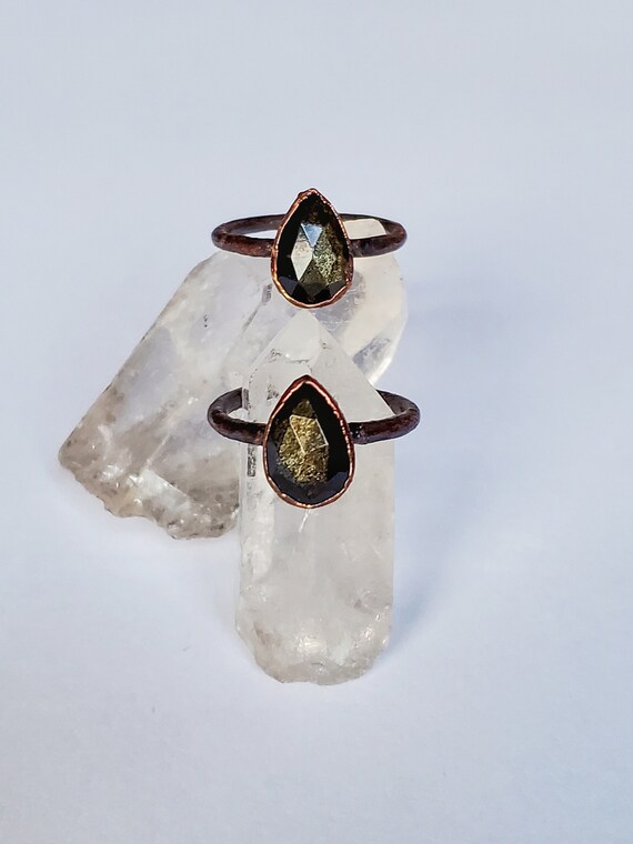 Golden Sheen Obsidian Faceted Pear Shape Custom Ring, Copper Electroformed Ring, Boho Golden Sheen Obsidian Ring