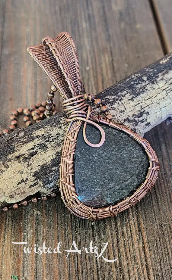 Golden Sheen Obsidian Pendant, Copper Wire Wrapped Necklace
