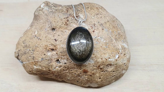 Golden Sheen Obsidian Pendant. Reiki Jewelry Uk. Semi Precious Stone. 25x18mm. 925 Sterling Silver Necklaces For Women. Empowered Crystals