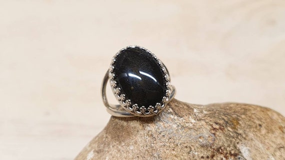 Golden Sheen Obsidian Ring. 925 Sterling Silver Rings For Women. Reiki Jewelry Uk. Adjustable Ring. 18x13mm Stone