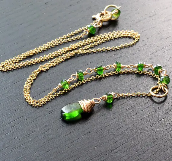 Green Chrome Diopside Necklace In 14k Gold Fill, Green Gemstone Lariat Style Necklace