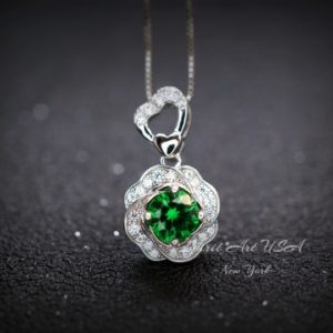 Shop Diopside Necklaces! Green Diopside Emerald Necklace Rose Flower Style – 18kgp Sterling Silver – Dainty Round Cut Gemstone Halo Diopside Pendant #398 | Natural genuine Diopside necklaces. Buy crystal jewelry, handmade handcrafted artisan jewelry for women.  Unique handmade gift ideas. #jewelry #beadednecklaces #beadedjewelry #gift #shopping #handmadejewelry #fashion #style #product #necklaces #affiliate #ad