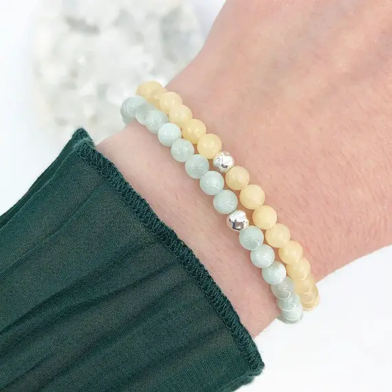 Green Moonstone & Yellow Calcite Bracelet Set, Dainty Gemstone Bracelets, Courage Crystal, Hope Crystal, Spiritual Gift, Tiny Bead Bracelet