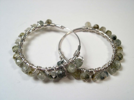 Green Prehnite Earrings, Sterling Silver  & Natural Gemstones Hoop Earrings, 925 Sterling Silver Earrings.