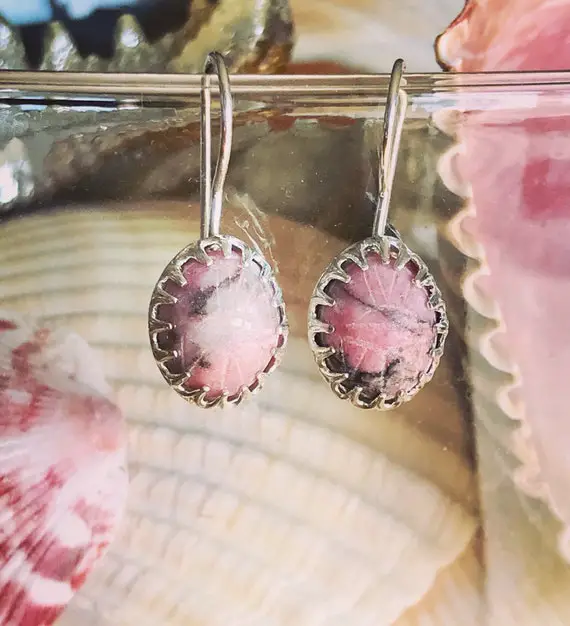 Handmade Pink Rhodonite Earrings, Vintage Scarabs In Sterling Silver