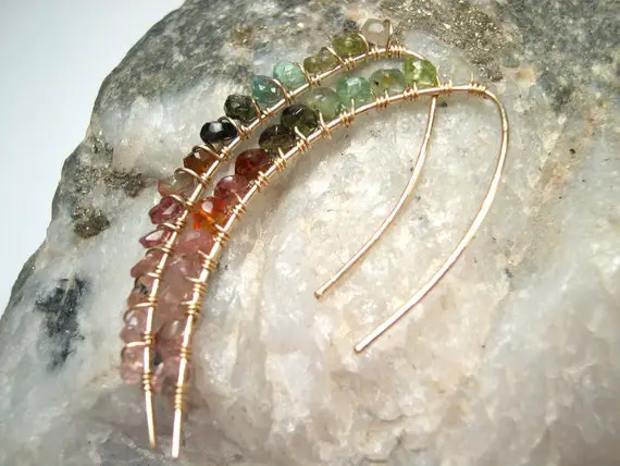 Handmade Watermelon Tourmaline Earrings, Gold Filled Threaders Earrings , Wire Wrapped Gemstone, Gold Filled Threader Earrings.