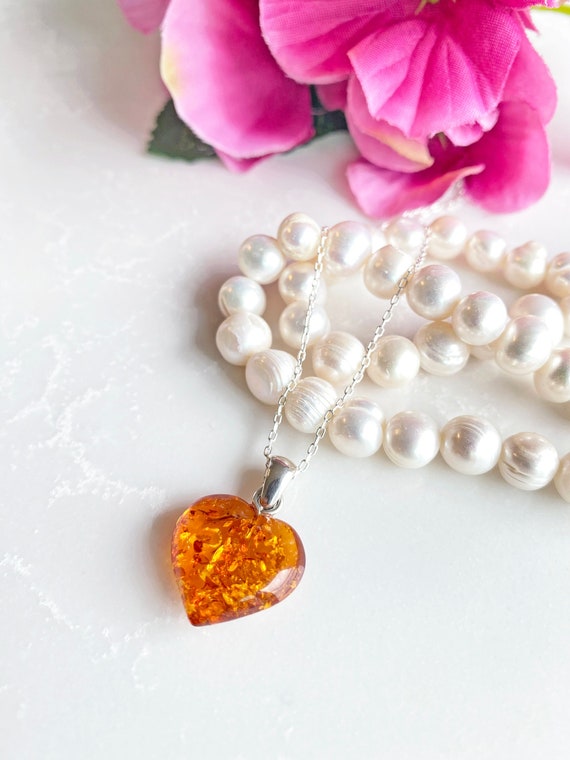 Heart Amber Necklace - Baltic Amber Necklace - Amber Stone Jewelry - 925 Sterling Silver Necklace - Amber Necklace For Woman