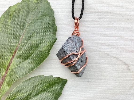 Hematite Necklace, Copper Wire Wrapped, Raw Gray Stone, Aries Crystal Jewelry, Hematite Pendant