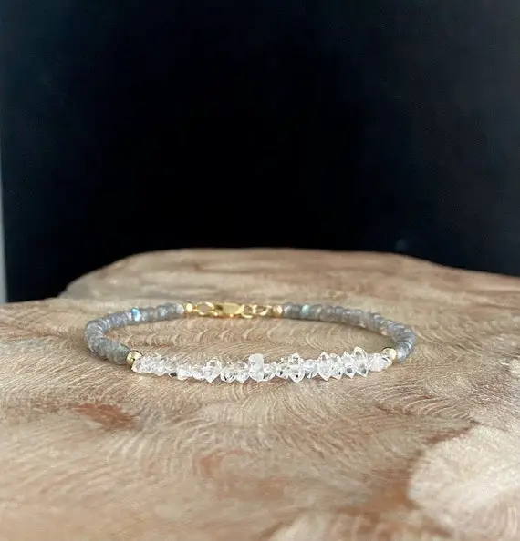 Herkimer Diamond And Labradorite Bracelet, Gold Filled Beaded Gemstone Stack Bracelet For Women, Jewelry Gifts For Her