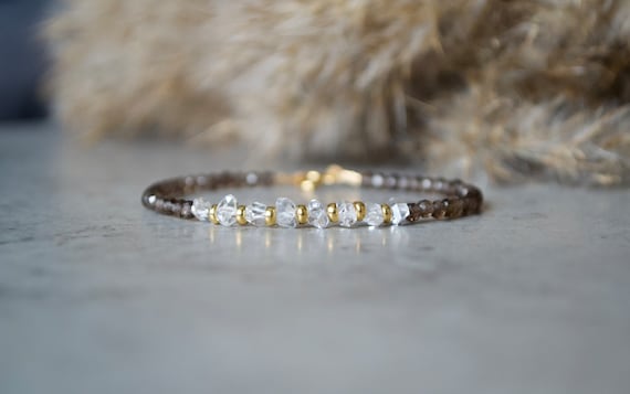 Herkimer Diamond Bracelet With Smoky Quartz & Gold Vermeil, Raw Diamond Jewelry, Gift For Her, Delicate Gemstone Bracelet, Rough Diamond