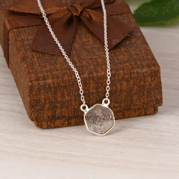 Herkimer Diamond Raw  Gemstone Pendant / Unique 925 Sterling Silver Necklace / Designer Boho Jewelry / April Birthstone Necklace For Sister.