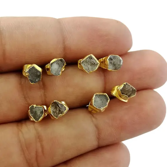 Herkimer Diamond Raw Gemstone Stud Earring - April Birthstone Electroplated Stud Earring - Selling Per Pair