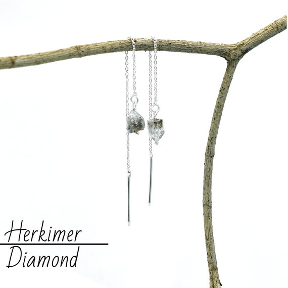 Herkimer Diamond Raw Threader Earrings Raw Birthstone Earring 925 Sterling Silver Jewelry Wire Wrapped Pull Up Threader Dangle Drop Earring