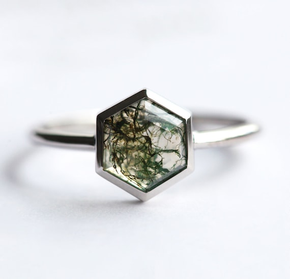 Hexagon Moss Agate Ring Solitaire, Organic Gemstone Ring, Unique Hexagon Engagement