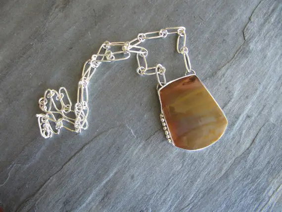 Huge Petrified Wood Necklace With Handmade Silver Chain