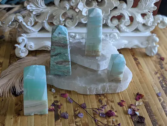 Large Blue Aragonite Caribbean Calcite Towers Freestanding Point Natural Polished Healing Crystal Mineral Specimen Obelisk Pillar Stone