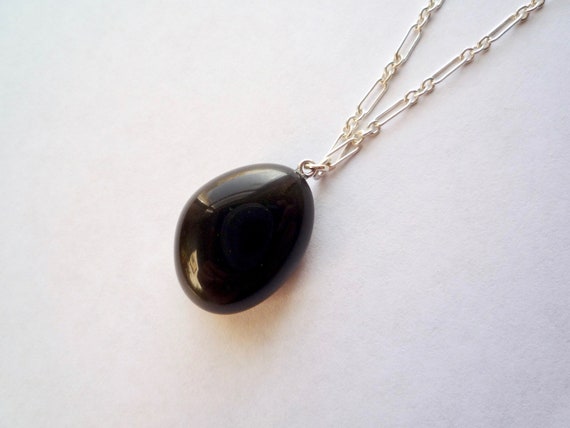 Large Obsidian, Apache Tears Necklace On A Long, 30 Inch, Sterling Silver Chain