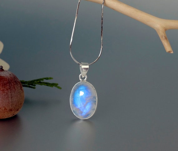 Large Oval Blue Moonstone Pendant, Natural Rainbow Moonstone Necklace, Crystal Necklace, June Birthstone Necklace, Gemstone Silver Necklace