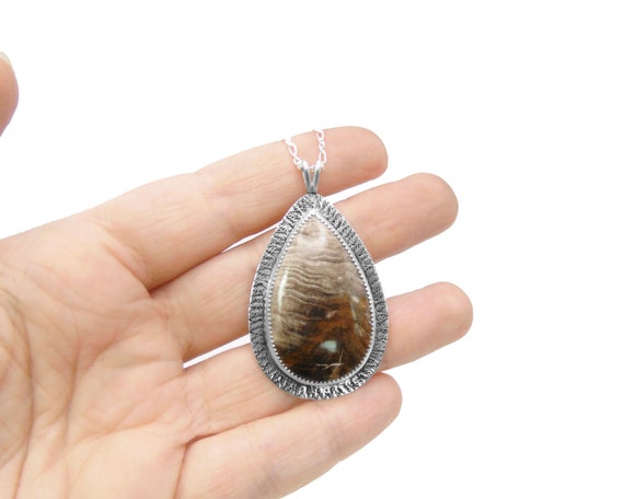 Large Petrified Wood Necklace In Sterling Silver - Fossil Jewelry - Pendant With Chain