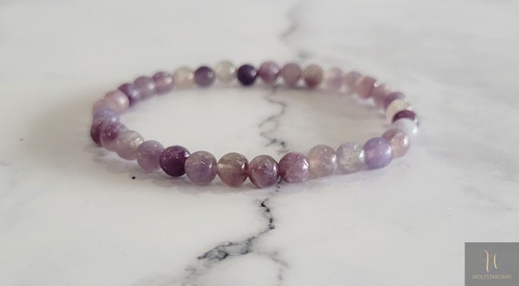 Lepidolite Crystal Bracelet - 6mm Beads - Heart Chakra Jewelry - Unique Handmade Gift