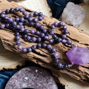 Shop Lepidolite Jewelry! Lepidolite necklace with amethyst double terminated point pendant knotted crystal healing witchy jewellery for him or her gemstone jewelry | Natural genuine Lepidolite jewelry. Buy crystal jewelry, handmade handcrafted artisan jewelry for women.  Unique handmade gift ideas. #jewelry #beadedjewelry #beadedjewelry #gift #shopping #handmadejewelry #fashion #style #product #jewelry #affiliate #ad