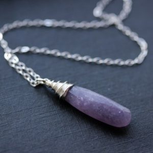 Shop Lepidolite Necklaces! Lepidolite Necklace, Sterling Silver Wire Wrapped Purple Pendant, Long Dusty Purple Gemstone, Choose your Length Chain | Natural genuine Lepidolite necklaces. Buy crystal jewelry, handmade handcrafted artisan jewelry for women.  Unique handmade gift ideas. #jewelry #beadednecklaces #beadedjewelry #gift #shopping #handmadejewelry #fashion #style #product #necklaces #affiliate #ad
