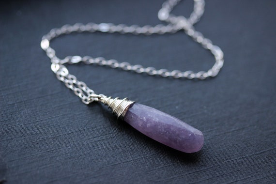 Lepidolite Necklace, Sterling Silver Wire Wrapped Purple Pendant, Long Dusty Purple Gemstone, Choose Your Length Chain