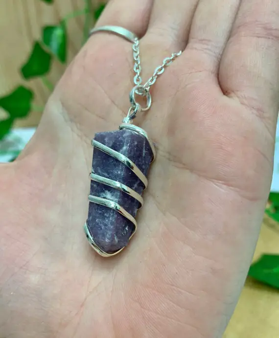Lepidolite Obelisk Wire Wrap Pendant W/ Plated Chain, Lepidolite Necklace, Lepidolite Wire Wrap, Crown Chakra, Stone For Anxiety, Purple