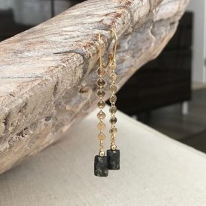 Shop Pyrite Earrings! Long Pyrite Dangle Earrings, 14k Gold Filled Gemstone Chain Earrings, Pyrite Drop Earrings, Jewelry Gifts for Her | Natural genuine Pyrite earrings. Buy crystal jewelry, handmade handcrafted artisan jewelry for women.  Unique handmade gift ideas. #jewelry #beadedearrings #beadedjewelry #gift #shopping #handmadejewelry #fashion #style #product #earrings #affiliate #ad