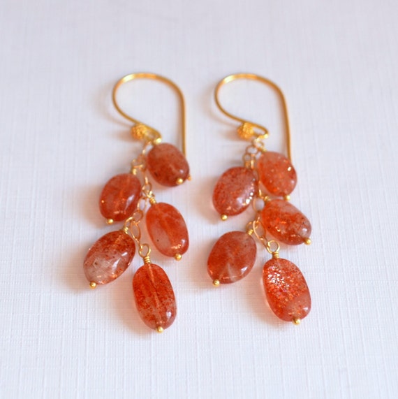 Long Sunstone Earrings, Gold Vermeil, Dangle Earings, Burnt Orange Gemstone Jewelry, Autumn, Smooth Stones, Made To Order, Free Shipping