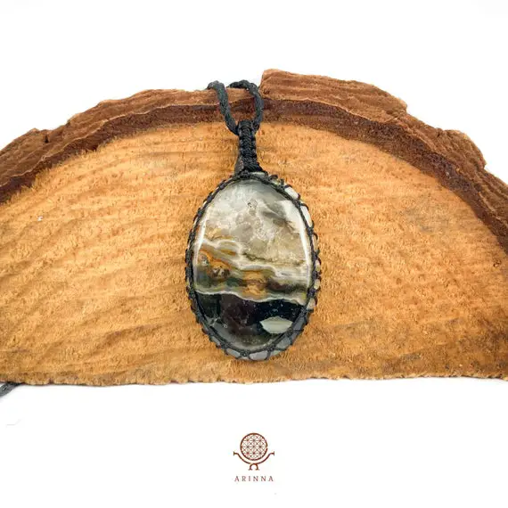 Macrame Ocean Jasper Necklace - Crystal Macrame Necklace - Ocean Jasper Pendant - Beautiful Crystal Necklace