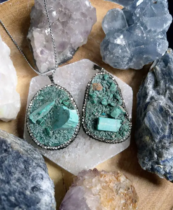 Malachite Raw Stone Necklace Pendant With Diamonte Crystal Healing Natural Stone Witchy Jewellery Handmade