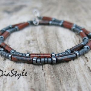 Mens Mahogany Obsidian Necklace, Mens Hematite Necklace, Mens Beaded Necklace, Choker Necklace, Mens Beaded Jewelry, Protection Necklace | Natural genuine Array necklaces. Buy handcrafted artisan men's jewelry, gifts for men.  Unique handmade mens fashion accessories. #jewelry #beadednecklaces #beadedjewelry #shopping #gift #handmadejewelry #necklaces #affiliate #ad