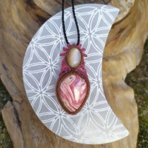 Shop Rhodochrosite Necklaces! micro macrame necklace with a rhodochrosite and a moonstone, raw cristal necklace, amulet pendant, micro macrame | Natural genuine Rhodochrosite necklaces. Buy crystal jewelry, handmade handcrafted artisan jewelry for women.  Unique handmade gift ideas. #jewelry #beadednecklaces #beadedjewelry #gift #shopping #handmadejewelry #fashion #style #product #necklaces #affiliate #ad