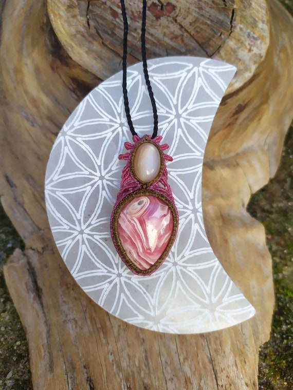 Collier En Micro Macramé Avec Pierre De Lune Et Rhodochrosite, Collier Cristal,pendentif Pierre De Lune, Pendentif Rhodochrosite