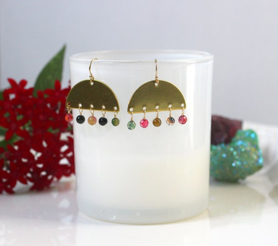 Modern Brass Earrings, Watermelon Tourmaline Earrings, October Birthstone Jewelry, Geometric Brass Statement Earrings, Semi Circle Jewelry