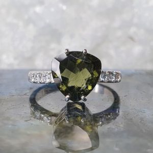 Shop Moldavite Rings! Moldavite I am Radiant ring with 9mm faceted Moldavite and cubic zirconia | Genuine Moldavite Ring | Faceted Moldavite Ring | Meditation | Natural genuine Moldavite rings, simple unique handcrafted gemstone rings. #rings #jewelry #shopping #gift #handmade #fashion #style #affiliate #ad
