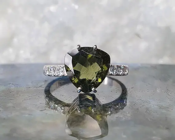 Moldavite I Am Radiant Ring With 9mm Faceted Moldavite And Cubic Zirconia | Genuine Moldavite Ring | Faceted Moldavite Ring | Meditation