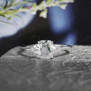 Shop Moss Agate Rings! Moss Agate Engagement Ring Hexagon Moss Agate Ring Cluster Diamond Ring Vintage Moss Agate Ring White Gold Bridal Promise Ring | Natural genuine Moss Agate rings, simple unique alternative gemstone engagement rings. #rings #jewelry #bridal #wedding #jewelryaccessories #engagementrings #weddingideas #affiliate #ad
