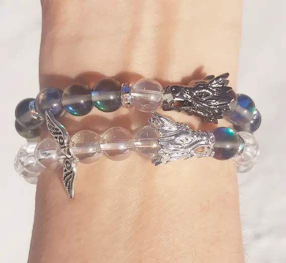 Mystic Dragons, Rainbow Aura Bracelet, Mystic Aura Grey Quartz, Angel Aura Clear Quartz, Dragon Head Bead, Iridescent Beads, Fantasy Gift