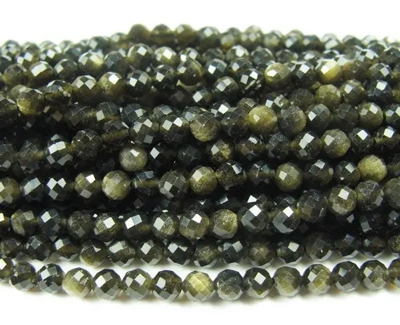 Natural 3mm Finely Cut Gold Obsidian Faceted Beads Genuine Gemstone