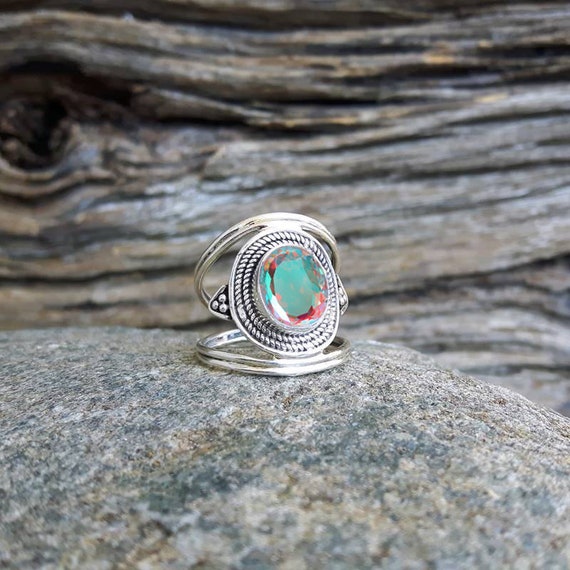 Quartz Ring, Angel Aura Quartz, Nature Ring, Silver Handmade Natural Aura Gemstone Ring Unique Anniversary Present For Women