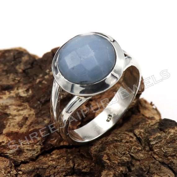 Natural Angelite Silver Ring, 925 Sterling Silver Ring, Statement Ring, Gemstone Ring, Handmade Ring, Bohemian Ring, Women Ring Gift For Her